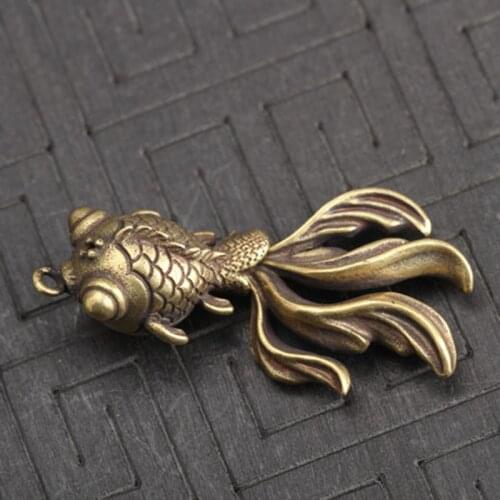 Vintage Brass Mini Goldfish Statue Keychain Pendant Back Hollow Fish Home Office Desk Decoration Ornament Toy Gift
