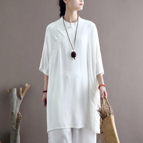 Johnature Women White Shirts And Tops Vintage Stand Blouses Bat Sleeve 2021 Summer New Button Female Linen Long Shirts