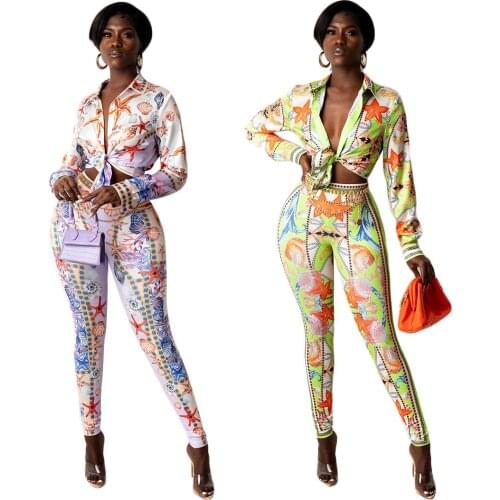 Starfish Printed Two Piece Set for Women Long Sleeve Turn-Down Collar Blouse Shirt and Elastic Waist Long Pants Fall Outfits