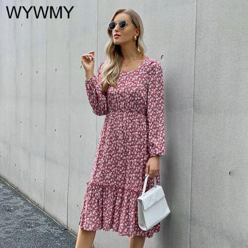 Spring Summer Long Sleeve Floral Midi Woman Dress 2021 New Fashion Square Collar Ruffles Black Dresses For Women Casual Vestidos