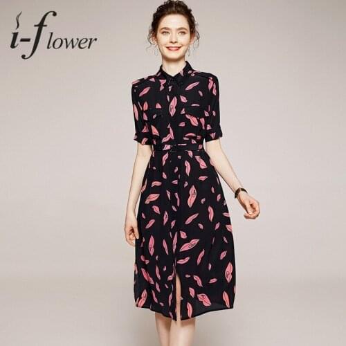 100 % Natural Silk Mulberry Dress Women 2021 Summer Printed Midi Dress A-Line Turn Down Collar Single Breasted Belt Robe