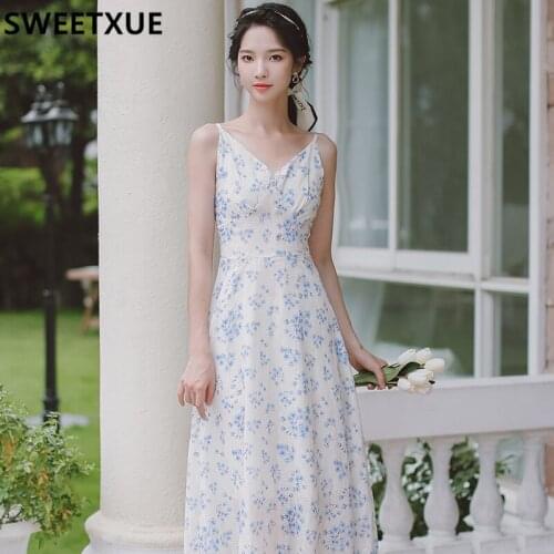 SWEETXUE Women Summer 2021 Spaghetti Strips Embroidered Floral Chiffon Sweet Romantic Fairy Holiday Beach Long Dress Vestidos