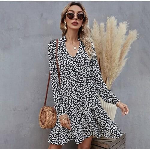 Vintage Print V Neck Long Sleeve Ruffle Dress Women Summer Casual Loose Streetwear Beach A Line Elegant Mini Dresses