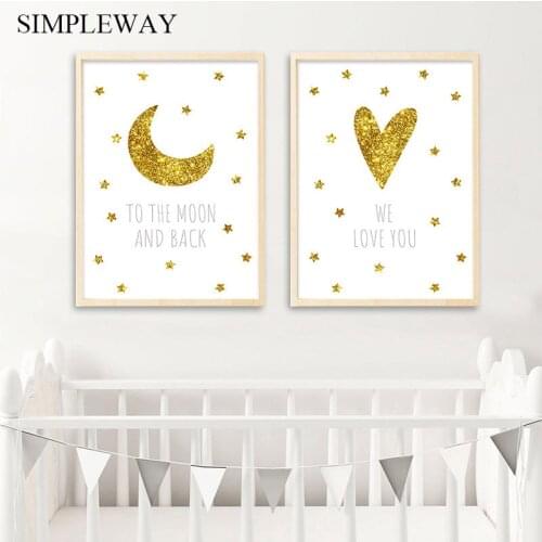 Golden Moon Heart Child Poster Nursery Quotes Print Minimalist Wall Art Painting Nordic Kids Baby Bedroom Decoration Picture