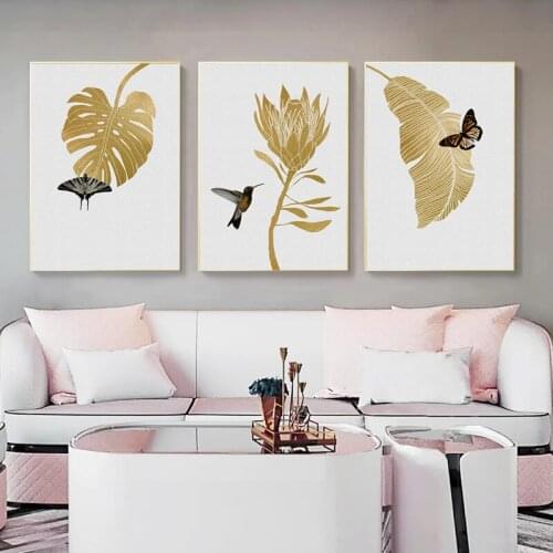 3 Panel Abstract Gold Leaves with Butterflies Painting Modern Nordic Canvas Prints and Posters Wall Art for Living Room Decor
