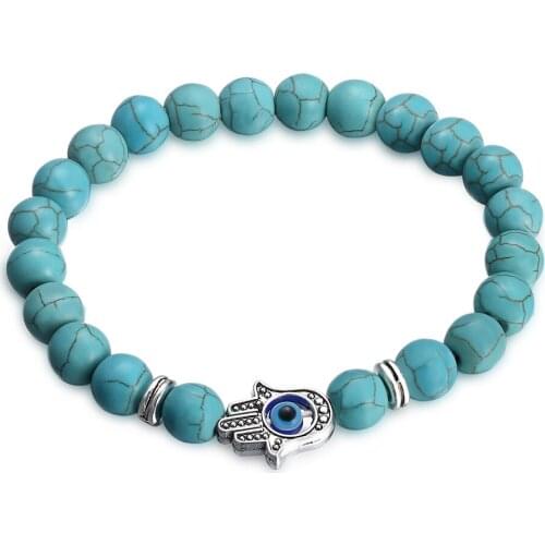 Natural 8mm Howlite Stone Bead Bracelet Fatima Hamsa Hand Evil Eye Charm Yoga Stretch Elastic Mens Bracelet for Women Gift