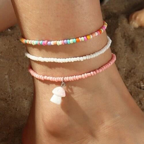 2021 Summer Three Layer Colorful Beads Chain Mushroom Ankle Bracelet for Boho Beach Hand Made Anklets Jewelry