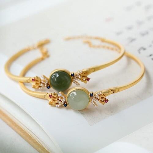 Silver inlaid natural Hetian chalcedony bracelet Chinese style classical palace style elegant charm female brand jewelry
