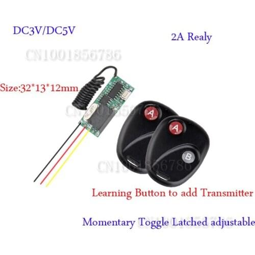 DC3-5V Mini Small Volume Radio Remote Control Switch System 2 Transmitter Receiver 315/433.92MHZ Latched Toggle Momentary Learn