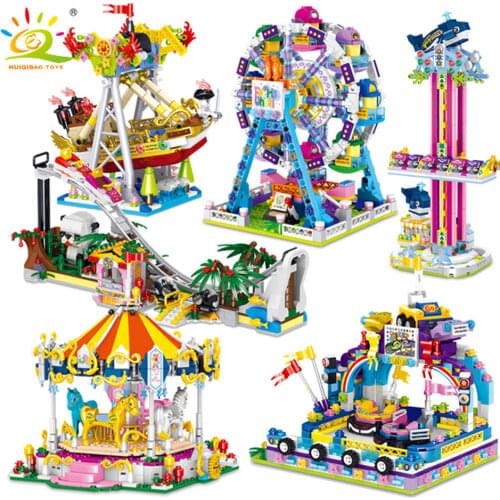 HUIQIBAO Amusement Park Facilities Model Buildings Diamond Architecture Carousel Ferris Wheel Micro Blocks Bricks Children Toys