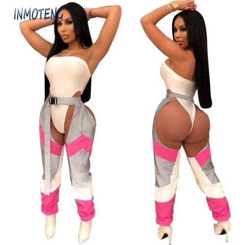INMOTENG 2019 New Women Summer Strapless Bodysuit Open Crotch Pants Suit 2pcs Set Sexy Night Club Party Tracksuit Outfit Overall