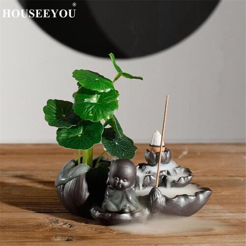 Ceramics Small Monk Line Backflow Incense Burner Plants Vase Creative Lotus Leaf Ornamental Aromatherapy Furnace Home Decoration