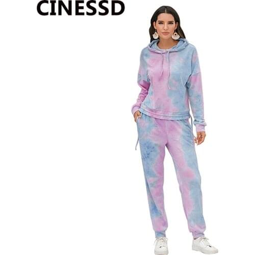 CINESSD Women 2 Pieces Casual Set Tie-Dye Print Hoodies Pants Autumn Winter Tracksuit Pullover Sweatshirt Pocket Trousers Suits