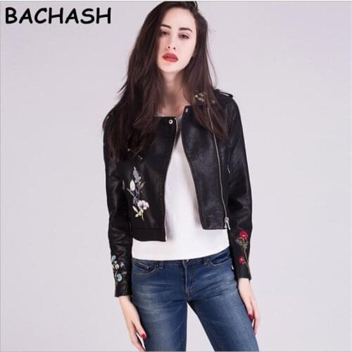 BACHASH Embroidery Faux Leather Coat Motorcycle Zipper Wine Red Leather PU Jacket Women Fashion Cool Outerwear Spring Jacket