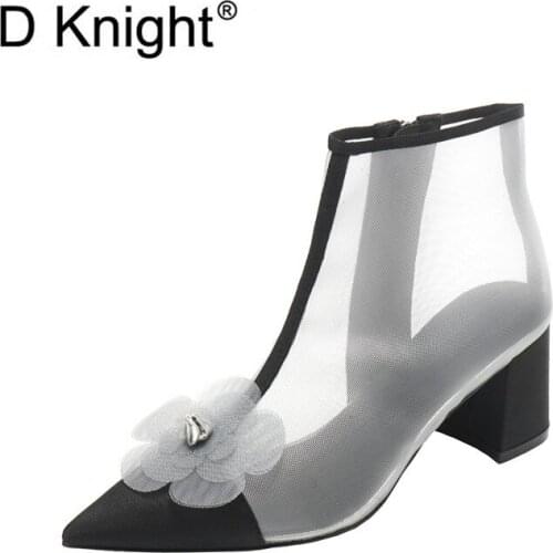 Summer 2020 New Pointed Toe Ladies Ankle Boots Breathable Mesh Womens Shoes Camellia Hollow High Heel Black Short Sandals Boots