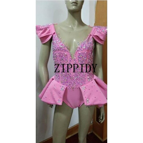 Fashion Glisten Pink Rhinestone Shining Women Sexy Party One-piece Dresses Costumes Stage Dance Nightclub Party Wear