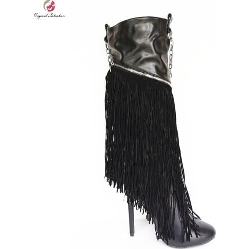 Fashion Metal Zip British Style Boots Women Pu Leather Fringe Thin Heels Long Boots Woman Tassel Knee High Boots Plus Size 35-47