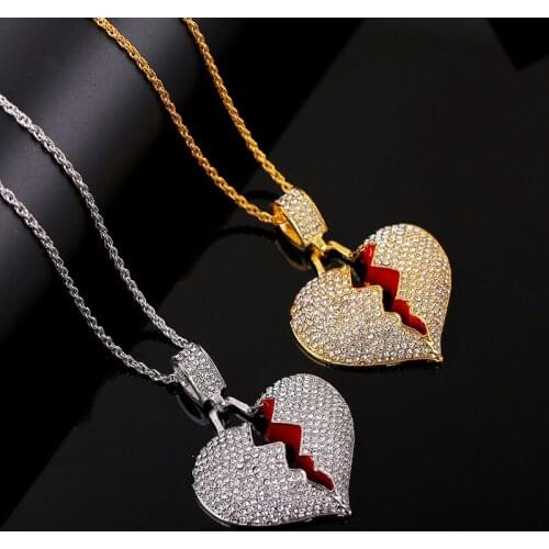 Fashion Broken Heart Pendant Necklaces Women Men Hip Hop Jewelry Gold Silver Color Iced Out Chain Rhinestone Statement Necklace