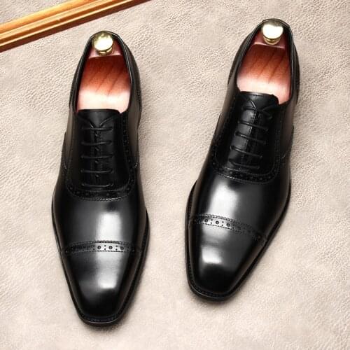 Mens dress shoes man, lace-up English style, square head, cowhide build, breathable, carved, dress style, wedding shoes, size 4