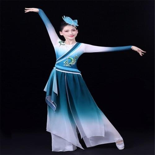 New Womens Classical Dance Clothes Round Neck Finger Sleeve Chinese Folk Dance Wear Competition Solo Dancer Dress Plus Size