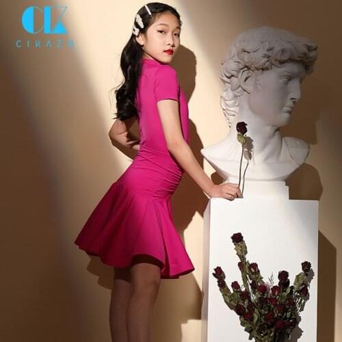 New Professional Practice Comfortable Competition Ballroom Sweet Elegant Pleated Stand Collar Summer Girl Latin Dance Dress 3467