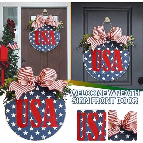 12Inch Patriotic Independence Wreaths For Home Porch Decoration, Rustic Wooden Outdoor Farmhouse Hanging Door Hanger