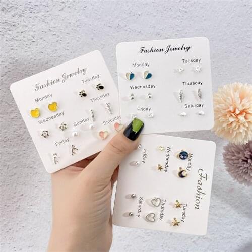 EN 7Pairs/Set Crystal Heart Leaves Stud Earrings For Women Charm Rhinestone Small Pearl Earrings Set Jewelry Girls Gifts Brincos