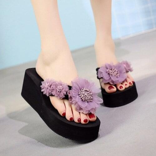 Summer Fashion Slippers Women Wear Thick-soled High-heel Ladies Slippers Seaside Beach Non-slip Flower Slope Heel