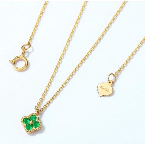 UBESTNICE 585 Trendy Pure 14K Yellow Gold Natural Emerald Four Leaf Clover Pendant Choker Necklaces For Women Gift Fine Jewelry
