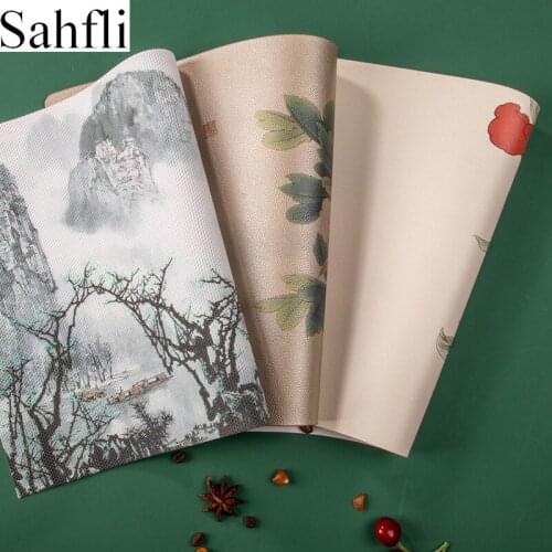 Fan-shaped Placemat for Tables Chinese Painting Pattern Heat-insulated Mat Waterproof PU Pads Home Kitchen Tableware Accessories