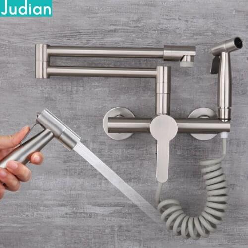 High Quality 100%Solid Brass Deck Mounted With spray gun Double-Jointed Pot Filler Kitchen Sink Faucet Cold OR heat Water Tap