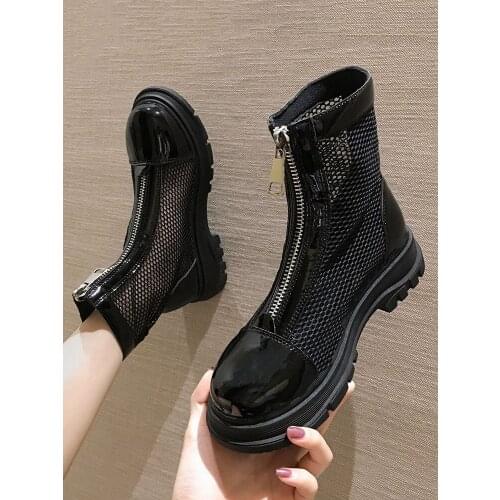 Womens shoes boots 2020 autumn new mesh mesh air front zipper motorcycle boots