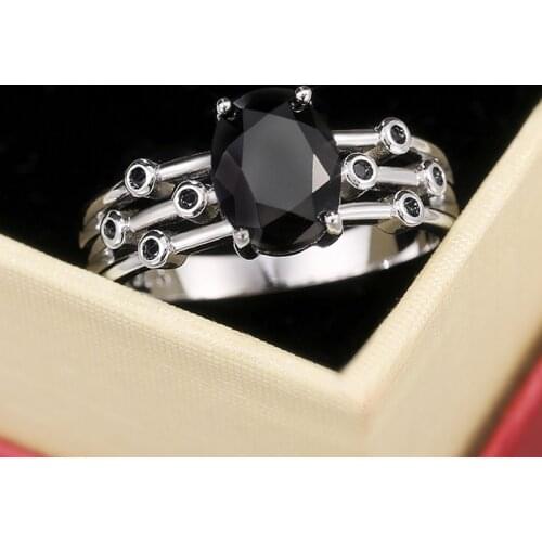 Huitan Punk Black Oval Stone Women Rings Cool Personality Three Row Band Dancing Party Fashion Accessories Anniversary Girl Gift