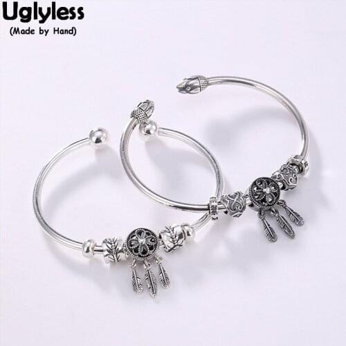 Uglyless 100% Real 925 Sterling Silver Feather Tassels Bangles for Women Dora Beads Bangle Thai Silver Hearts Charms Bracelet