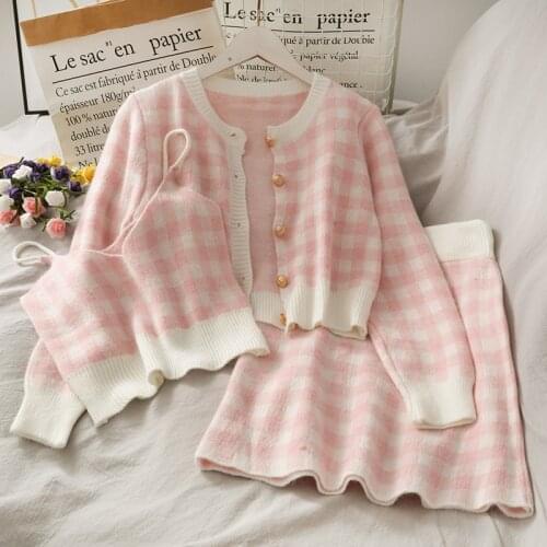 Plaid Three-Piece Women Sweater Single-Breasted Long-Sleeved Loose Sweater with Short Strap Two Piece Set Skirt