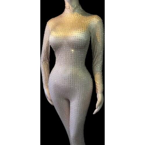 Womens Birthday Celebrate Luxury Outfit Nightclub Women Singer Dance Bodysuit Romper Flashing Silver Rhinestones Jumpsuit