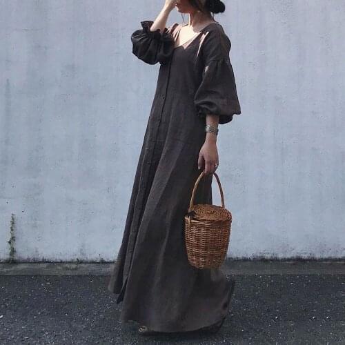 Maxi Length Button Long Sleeve Ladies Fashion A-line Dressing Plain Dress 2021 Japanese Korean Style New Solid Color Loose
