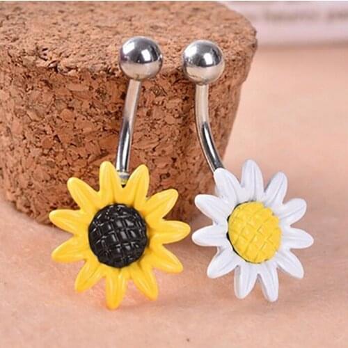 1pc Navel Piercing Fashion Shining Sunflower Flower Bar Belly Button Barbell Ring Women Body Jewelry 2Colors