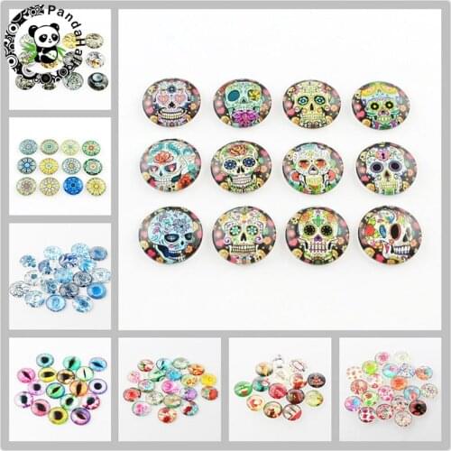 12mm 20pcs Multicolor Flower Lotus Peony rose Flag Doll Printed Pattern Glass diy Jewelry cabochon Findings Mixed Style