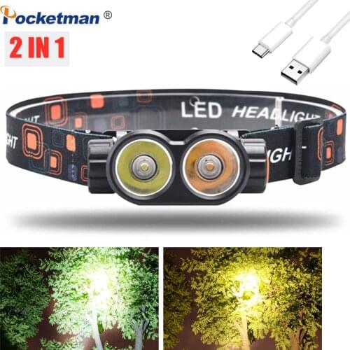 30000LM 2 In 1 Multi-functional LED Headlamp USB Rechargeable Headlight White/Yellow Light Head Lamp Waterproof Head Torch