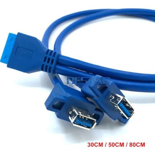 30cm 50cm 80cm cable usb3.0 Dual Port USB 3.0 Female Screw Mount Panel Type to Motherboard 20Pin 20p Cable cord 0.3m 0.5m 0.8m