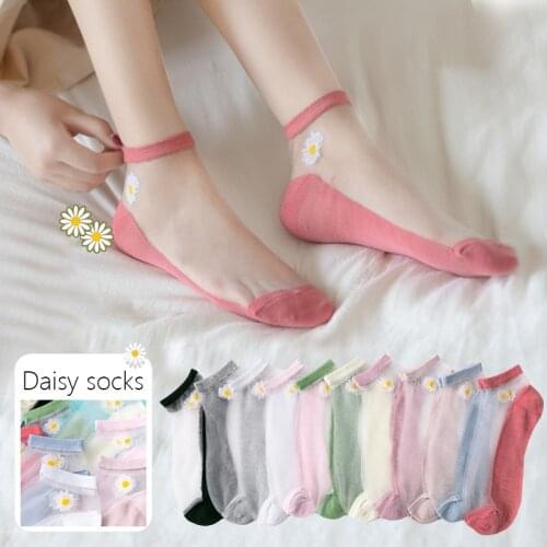 5Pairs/Lot Summer Woman Socks Ankle Ultra-thin Silk Transparent Cass Glass Fiber Fashion Daisy Flower Harajuku Cute Style
