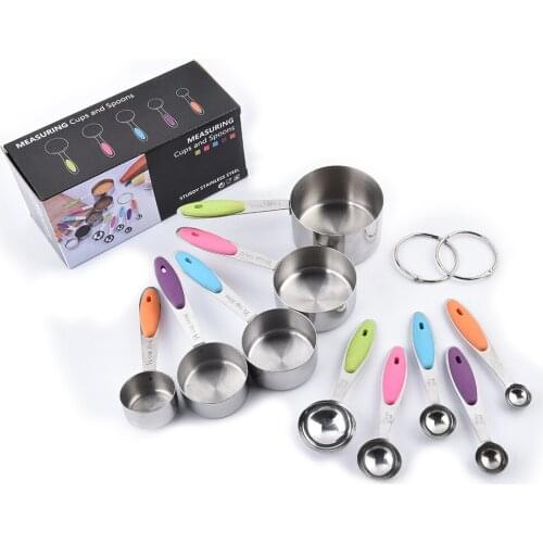 Stainless Steel Silicone Handle Measuring Cup Measuring Spoon 10 Sets Cross Border Baking Tool Measuring Cup Measuring Spoon