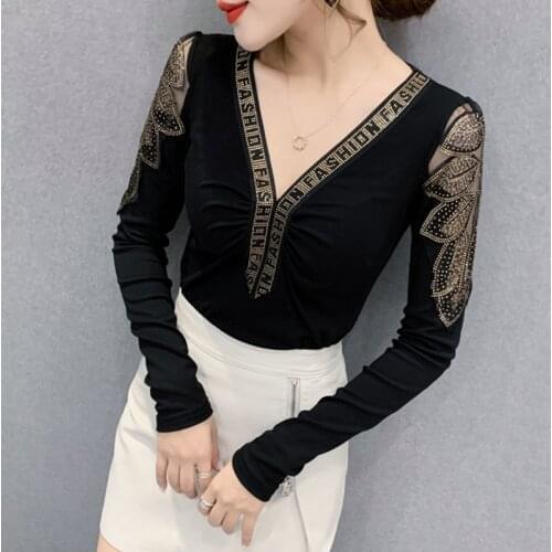 #5821 Spring Sexy V Neck Basic T Shirt Women Spliced Mesh Hollow Out Diamonds T Shirts Female Thin Slim T-shirt Black Leopard