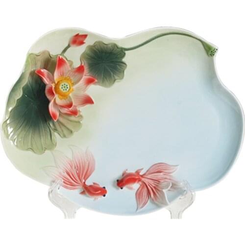 New Color Enamel Tea Coffee Tray 3D Lotus Goldfish Ceramic Drinkware Chinese Kung Fu Tea Set 69