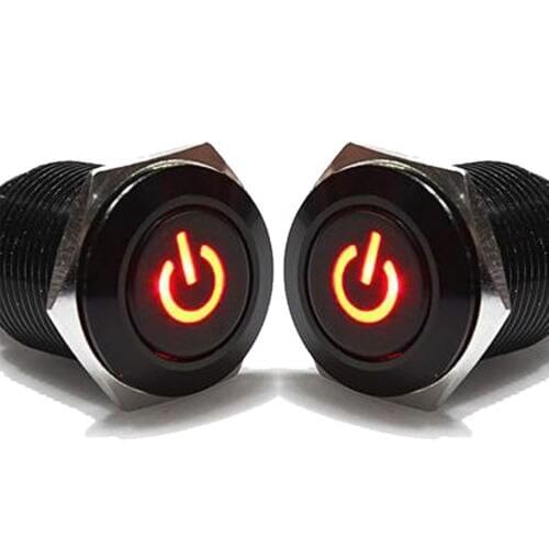 2Pcs 16mm 12V 3A Black Metal Push Button Switch Red Led Latching ON-OFF Switch
