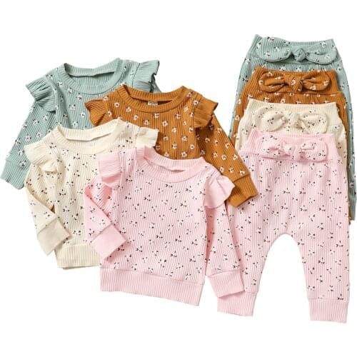 2Pcs Children Autumn Tracksuit, Floral Ruffled Long Sleeves Pullover + Bowknot Pants for Girls, 6 Months to 4 Years