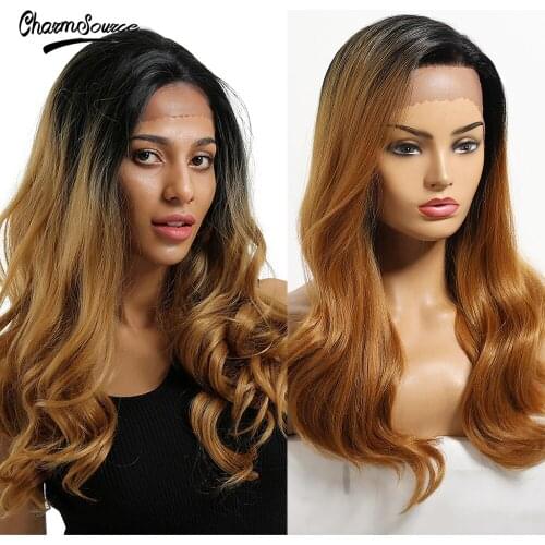 CharmSource Long Wavy Front Lace Synthetic Wigs Black Root Ombre Brown Wig for Black White Women Wedding Lace Hair