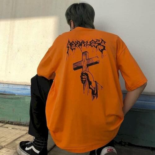 Korean Punk Oversized Tshirt Women T Shirt Men Ins Dark Cross Graffiti Print Hip-hop Summer Loose Short-sleeved T-shirt Goth Top