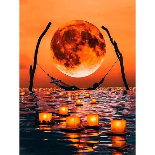 KAMY YI Sunset Lantern Diamond Painting Landscape Cross Stitch 5D Diy Full Diamond Embroidered Mosaic Home Decoration